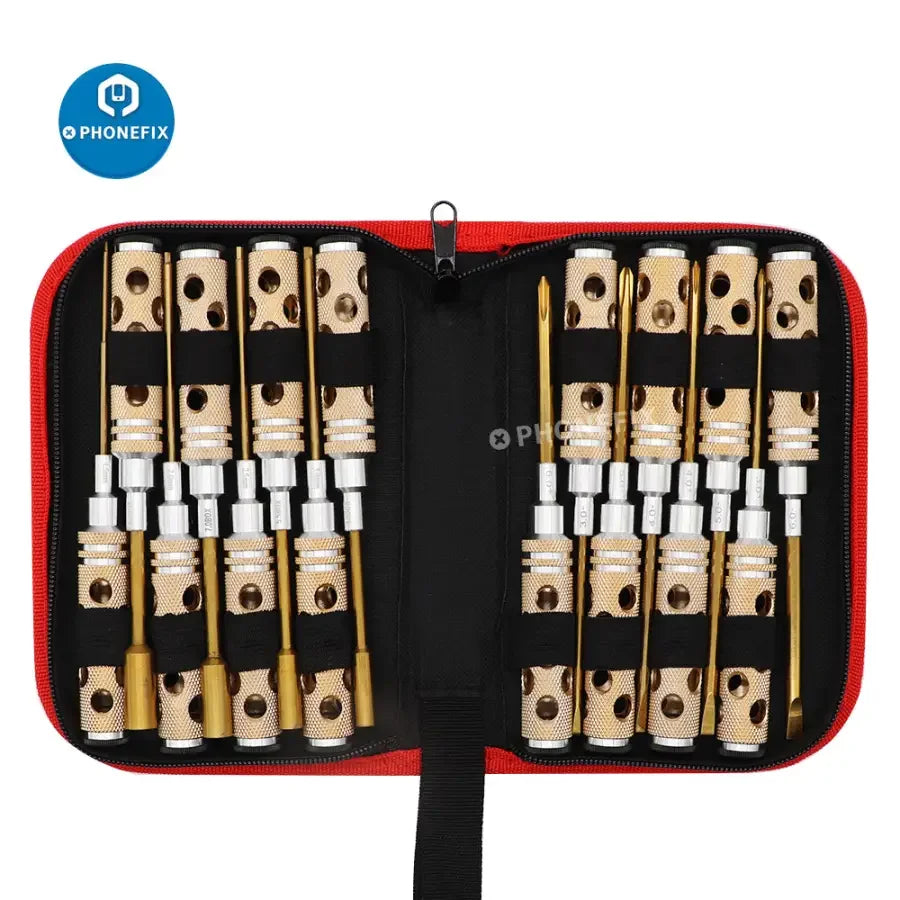 PhoneFix 16-in-1 hex screwdriver set for RC drone and car repair, featuring various hex bits for multirotor and RC vehicle maintenance.