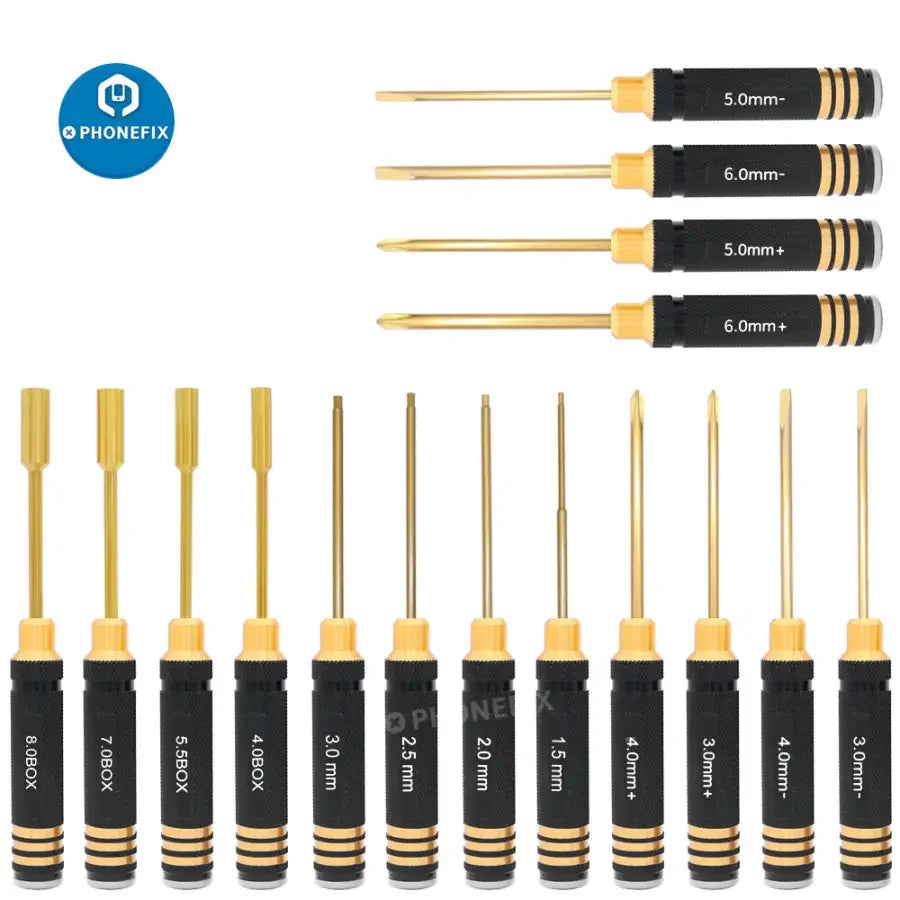 PHONEFIX 16-in-1 Hex Screwdriver Set for RC drone and multirotor repair, with various hex bits for precision maintenance.