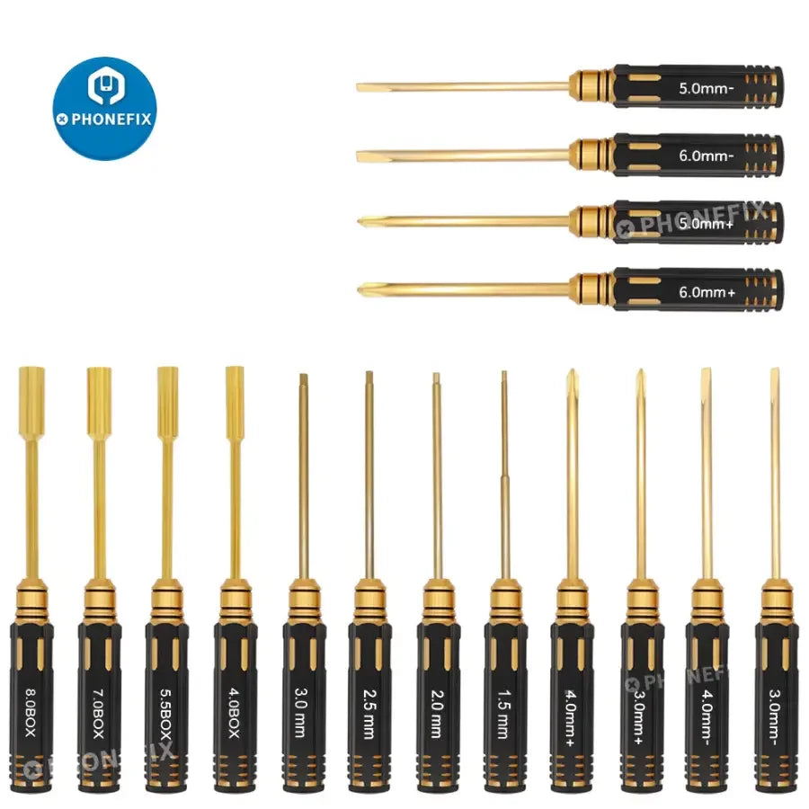 PhoneFIX 16-in-1 hex screwdriver set for RC drone and car repair, includes various hex tools for multirotor maintenance.