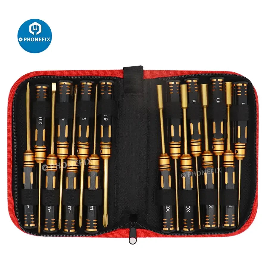 PHONEFIX 16-in-1 hex screwdriver set for RC cars and multirotors, includes various tools for drone and remote control vehicle repairs.