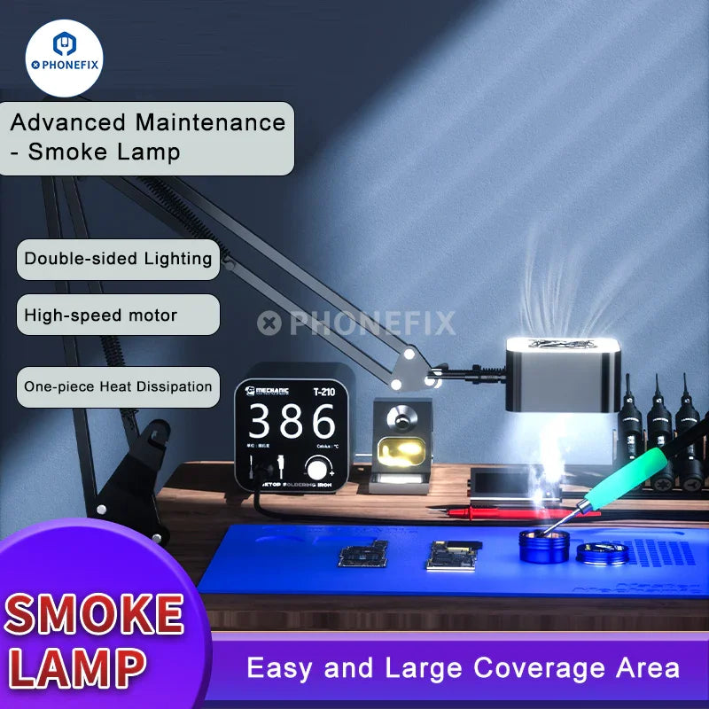 PhoneFix mechanic smoke lamp with cooling fan and adjustable bracket, used for repair assist lighting and ventilation.