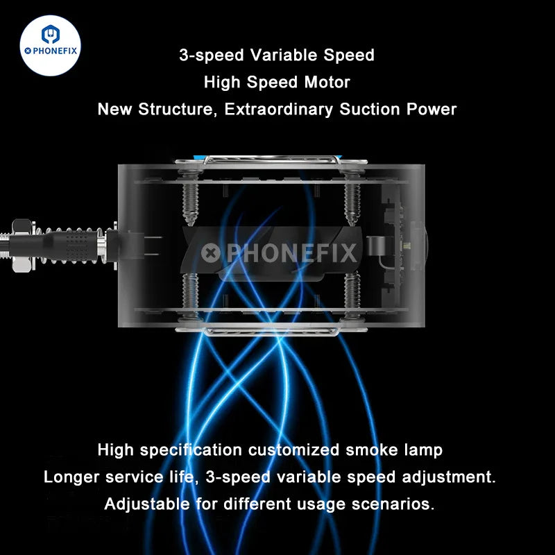 PhoneFIX mechanic smoke lamp with cooling fan, adjustable bracket, repair assist tool, 110V US lighting and cooling equipment.