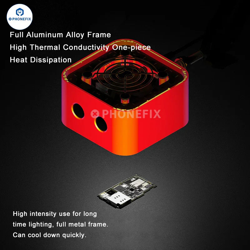 Phonefix mechanic smoke lamp lighting cooling fan with adjustable bracket, repair assist tool for automotive and repair tasks.