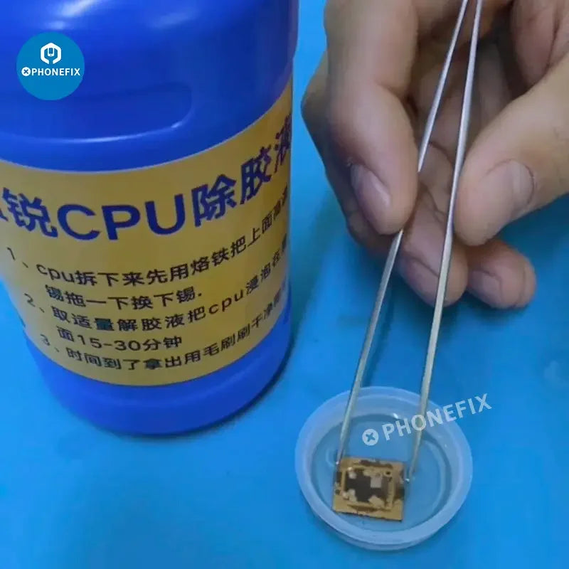 PhoneFix CPU NAND glue remover and epoxy BGA IC chip adhesive cleaner for electronic repair, showing the cleaning tool and chip.