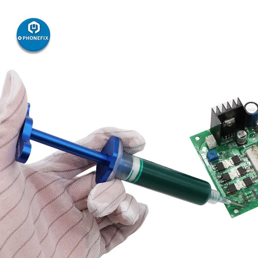 PhoneFix metal flux dispenser plunger with 3 needles, durable repair assist tool for precise flux application in electronics repair.