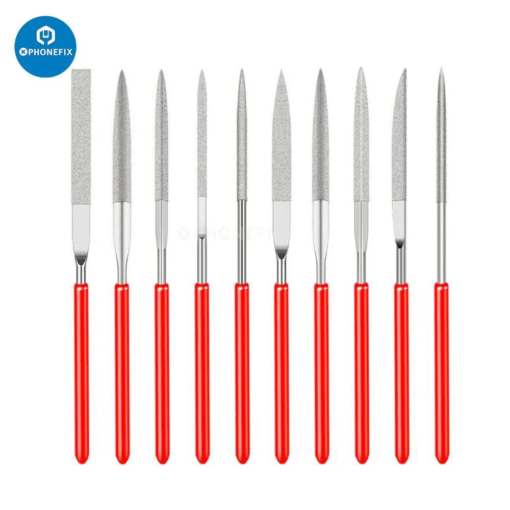 Set of 10 precision needle files from PHONEFIX, made of hardened alloy steel for detailed repair and crafting work.