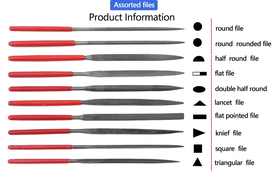 Set of 10 precision needle files from PHONEFIX, hardened alloy steel repair tools for detailed metalwork and crafting projects.