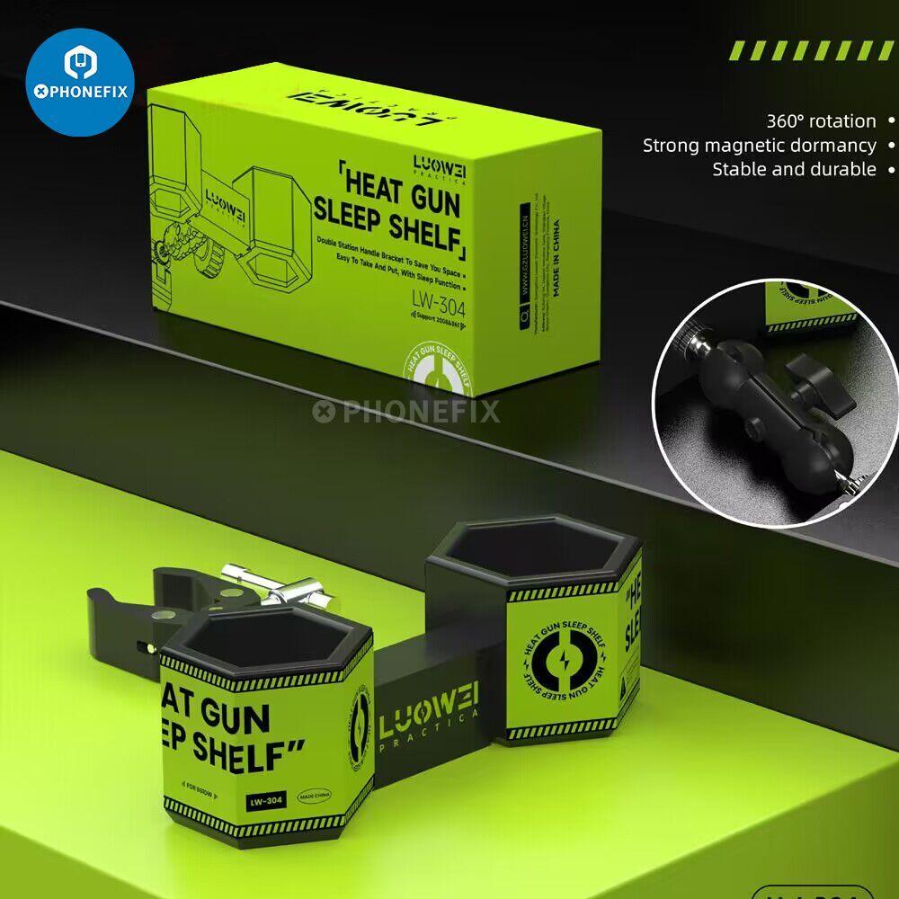 Luowei LW-304 heat gun sleep bracket and rotatable hot air handle holder, repair assist tool by PHONEFIX in use.