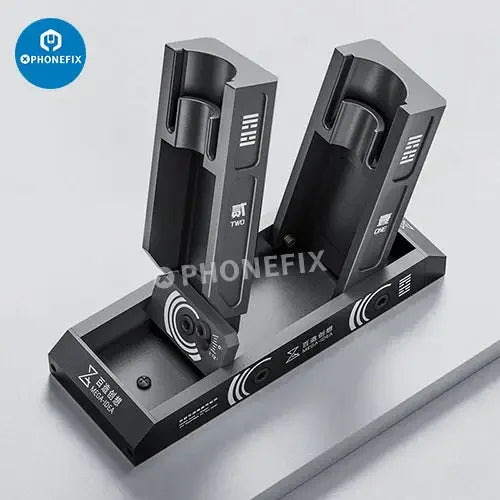 PhoneFix Mega-Idea adjustable angle air gun holder double station for repair assist tools, mounted on a workbench.