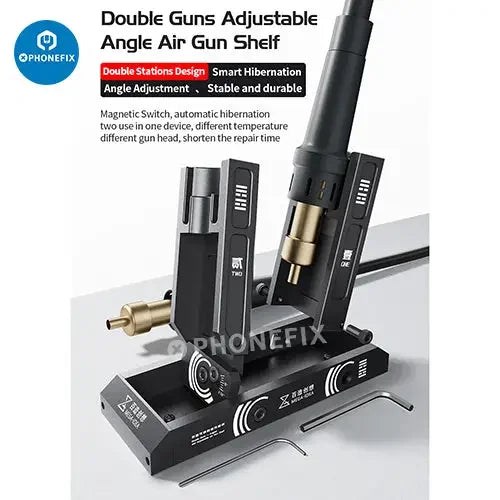 PHONEFIX Mega-Idea adjustable angle air gun holder double station for repair assist tools, mounted on workbench for tool organization.
