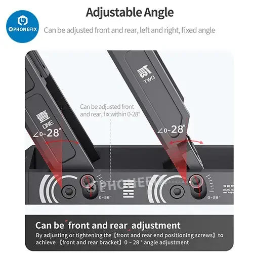 PhoneFix Mega-Idea adjustable angle air gun holder double station for repair assist tools, shown in a workshop setting.