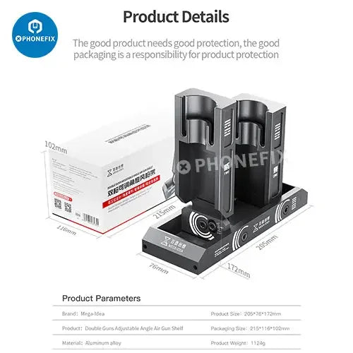 PhoneFix Mega-Idea adjustable angle air gun holder for repair tools, double station, black plastic with adjustable brackets.