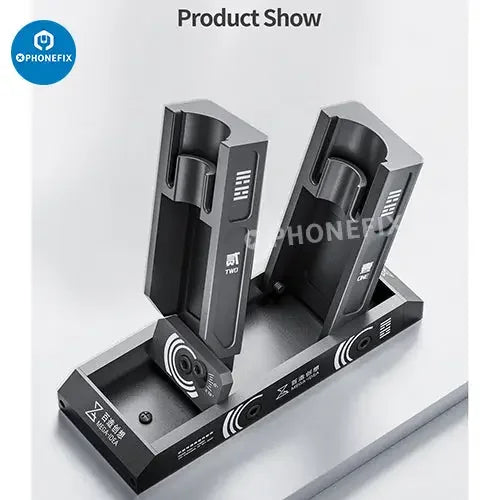 PhoneFix Mega-Idea adjustable angle air gun holder double station for repair assist tools, mounted on workbench.