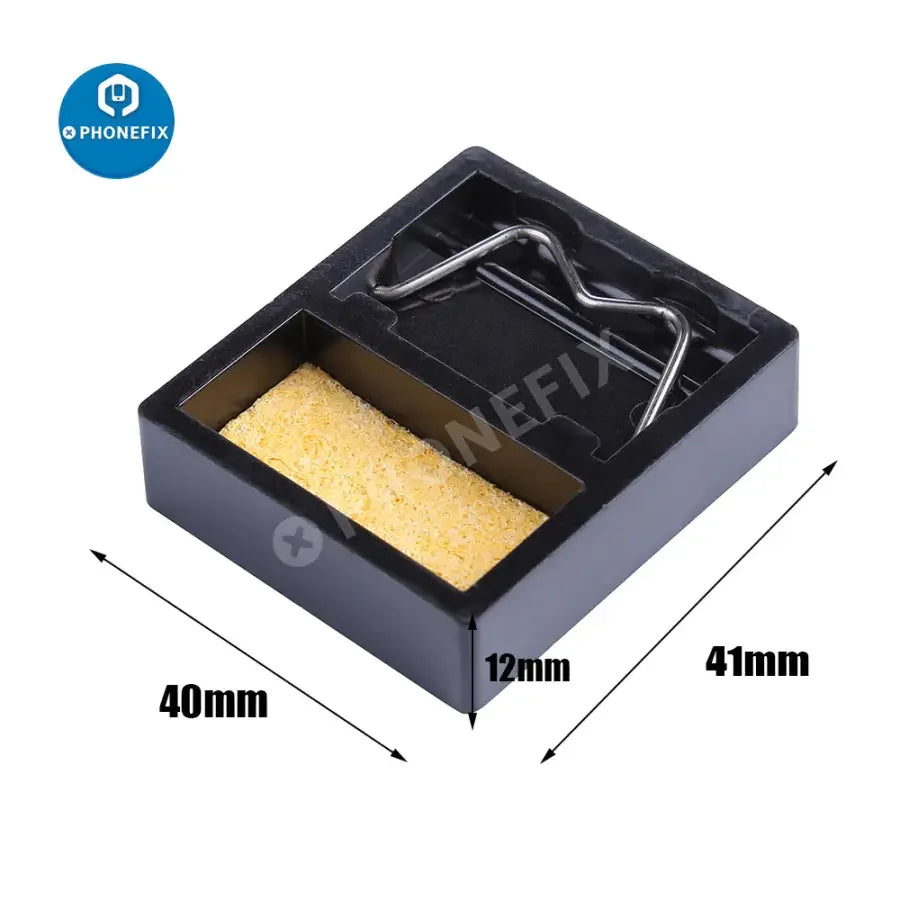 Mini Micarta soldering iron stand with cleaning sponge, PHONEFIX repair assist tool for safe welding and soldering.