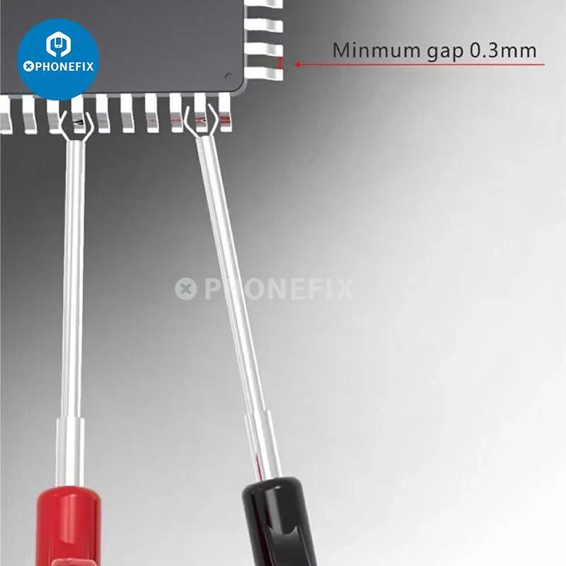 SMD grippers, test clips, and micro chip clamp tool by PHONEFIX for electronic repair and micro component testing.