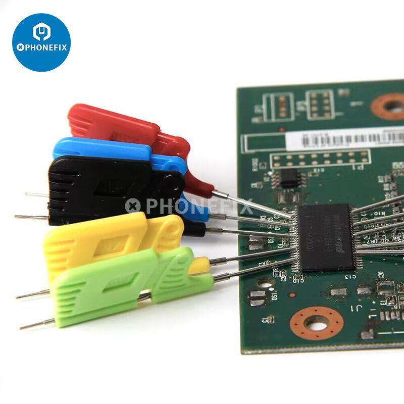 SMD grippers test clips probes micro chip clamp tool for phone repair, used for precise microchip handling and testing.