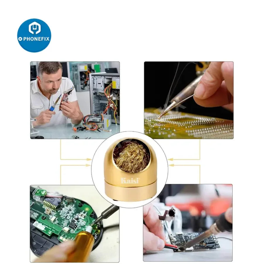 PhoneFix soldering iron tip cleaner holder with brass wire for phone repair, used to clean soldering iron tips effectively.