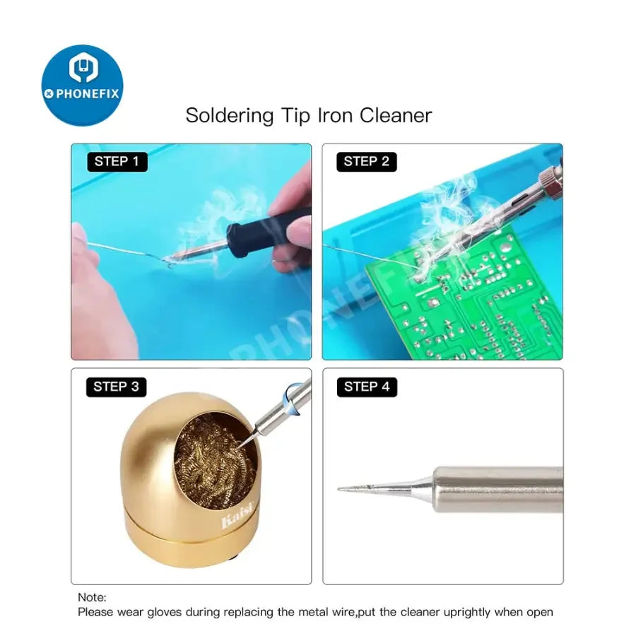 PhoneFix soldering iron tip cleaner holder with brass wire for phone repair, reusable cleaning tool for precise soldering maintenance.