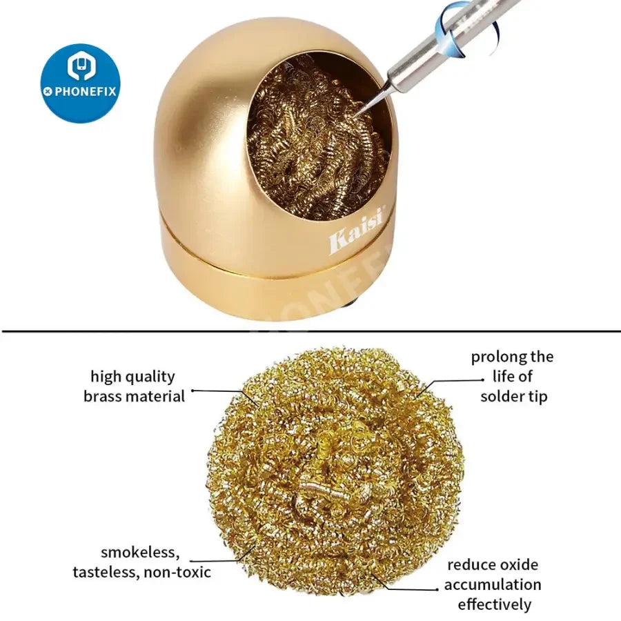 PhoneFix soldering iron tip cleaner holder with brass wire for phone repair, used to clean and maintain soldering iron tips.