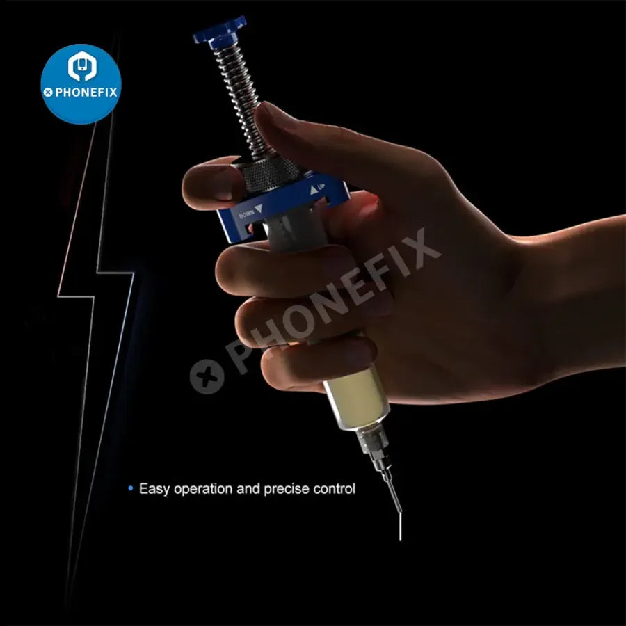 Universal ABS and alloy syringe screw booster for BGA solder mask, repair assist tool by PHONEFIX, used in electronic repairs.