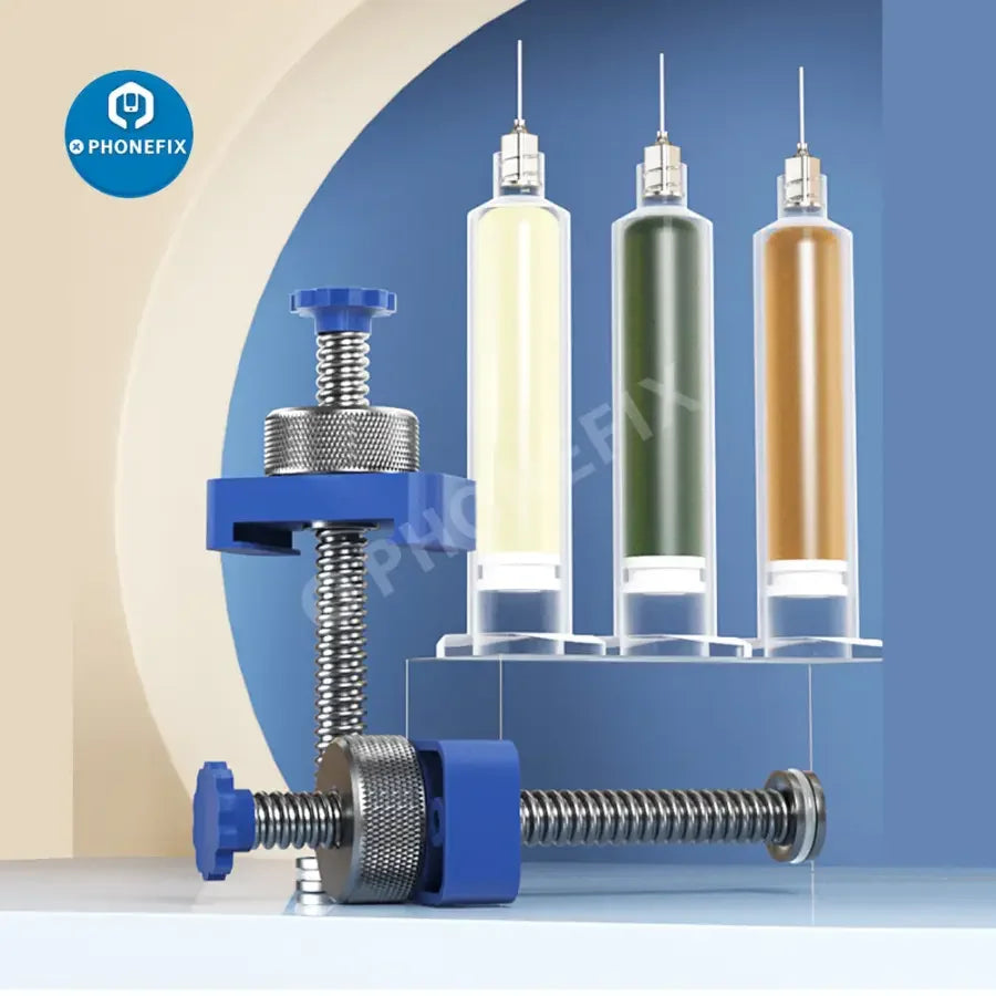 Universal ABS and alloy syringe screw booster for BGA solder mask, repair assist tool by PHONEFIX for electronics repair.