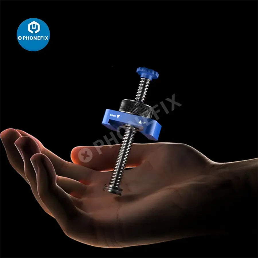 Universal ABS and alloy syringe screw booster for BGA solder mask repair assist tool by PHONEFIX, shown with detailed components.