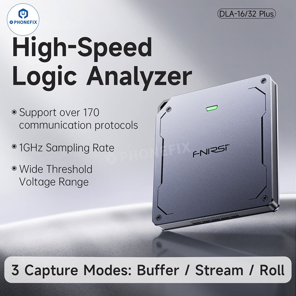 FNIRSI DLA-16/32 Plus logic analyzer with USB 3.0 for protocol debugging, used as a repair assist tool, branded by PHONEFIX.