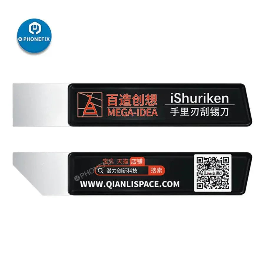 PhoneFix iShuriken metal tin spatula with flat oblique blade for repair tasks, ideal for scraping and delicate electronics work.