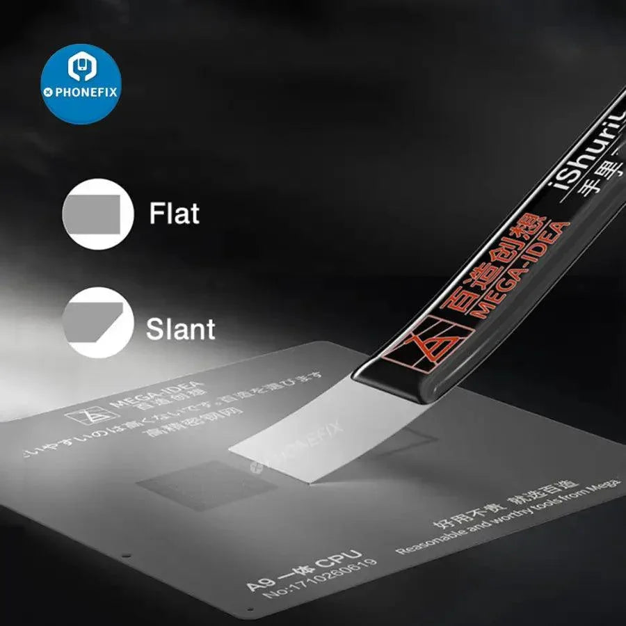Phonefix iShuriken metal tin spatula with flat oblique blade for repair and scraping tasks, ideal for electronics repair tools.