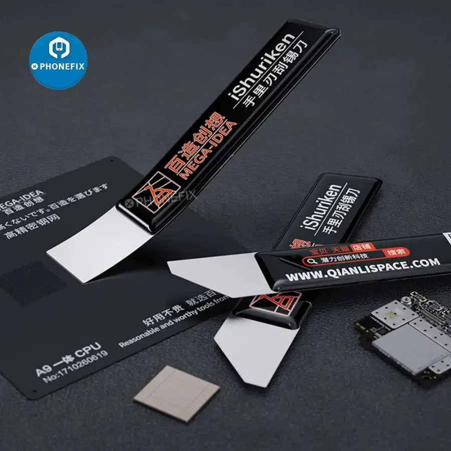 PhoneFix iShuriken metal tin spatula with flat oblique knife edge, repair assist tool for scraping and prying electronics.