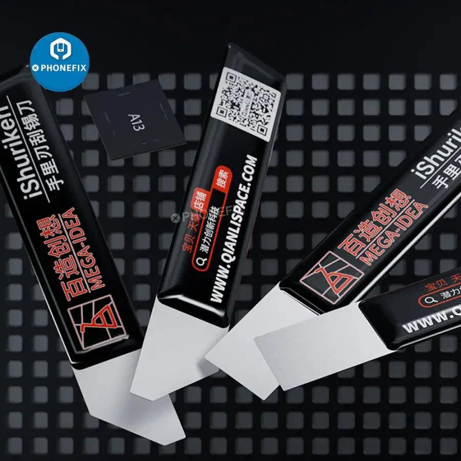 Phonefix iShuriken metal tin spatula with flat oblique blade, repair assist tool for precise scraping and lifting in device repairs.