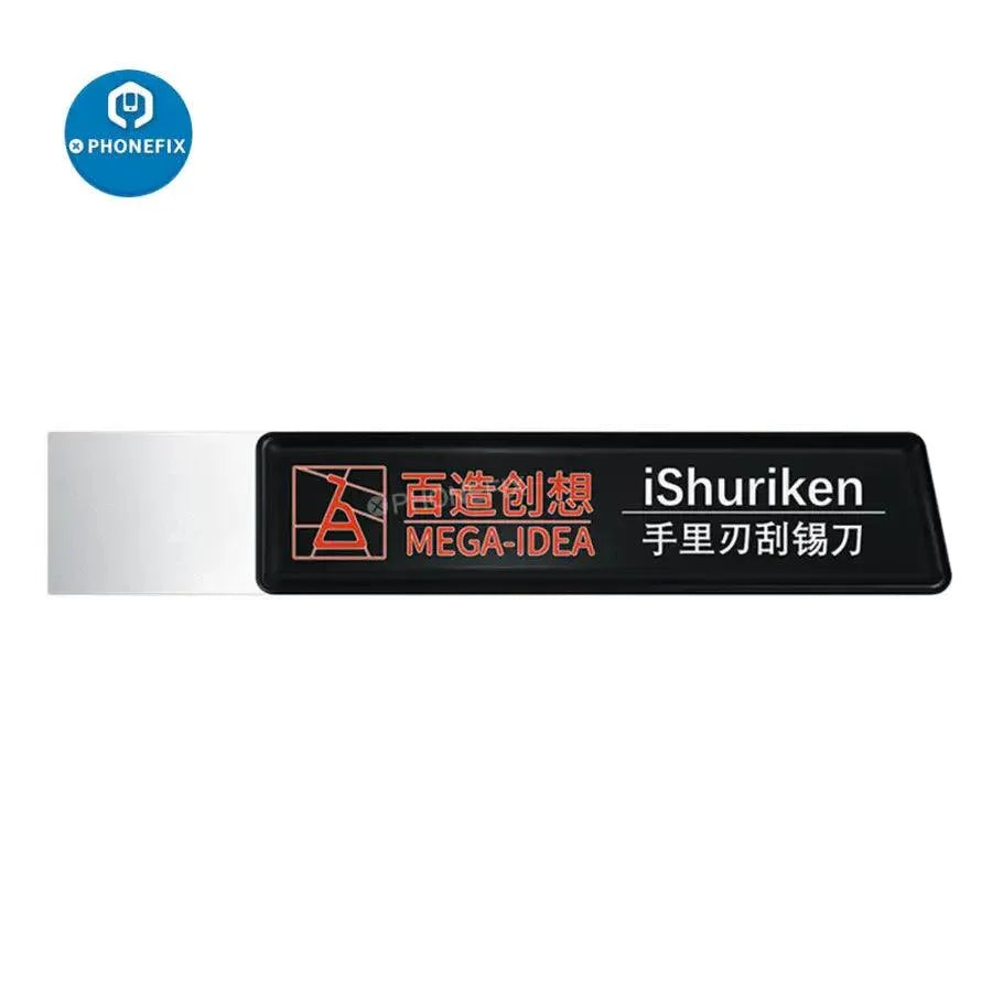 PHONEFIX iShuriken metal tin spatula with flat oblique blade, repair assist tool for scraping and opening electronic devices.