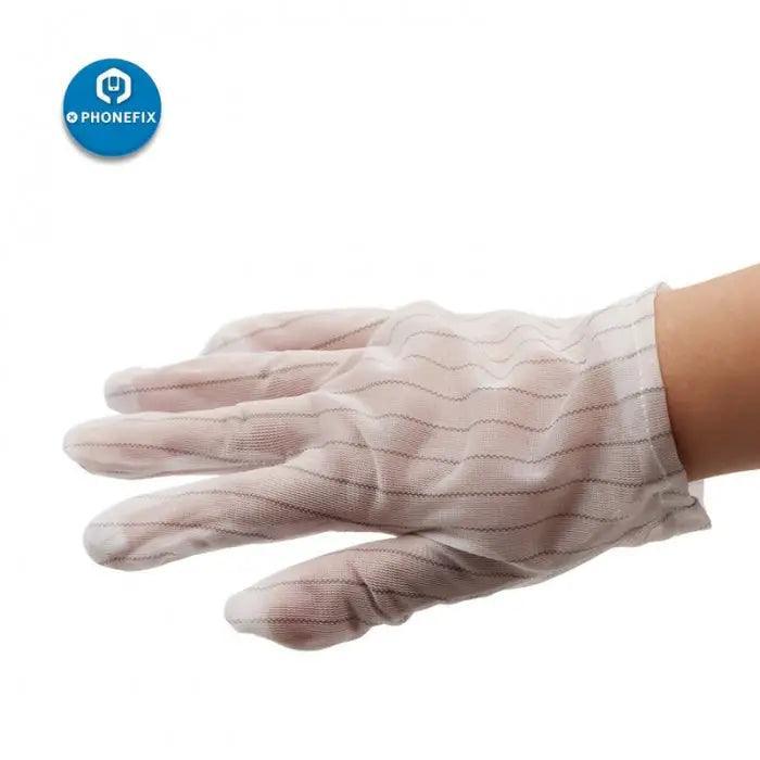 Gants antidérapants PHONEFIX ESD pour la réparation électronique, conçus pour le travail sur PC et ordinateur, offrant protection antistatique et adhérence.