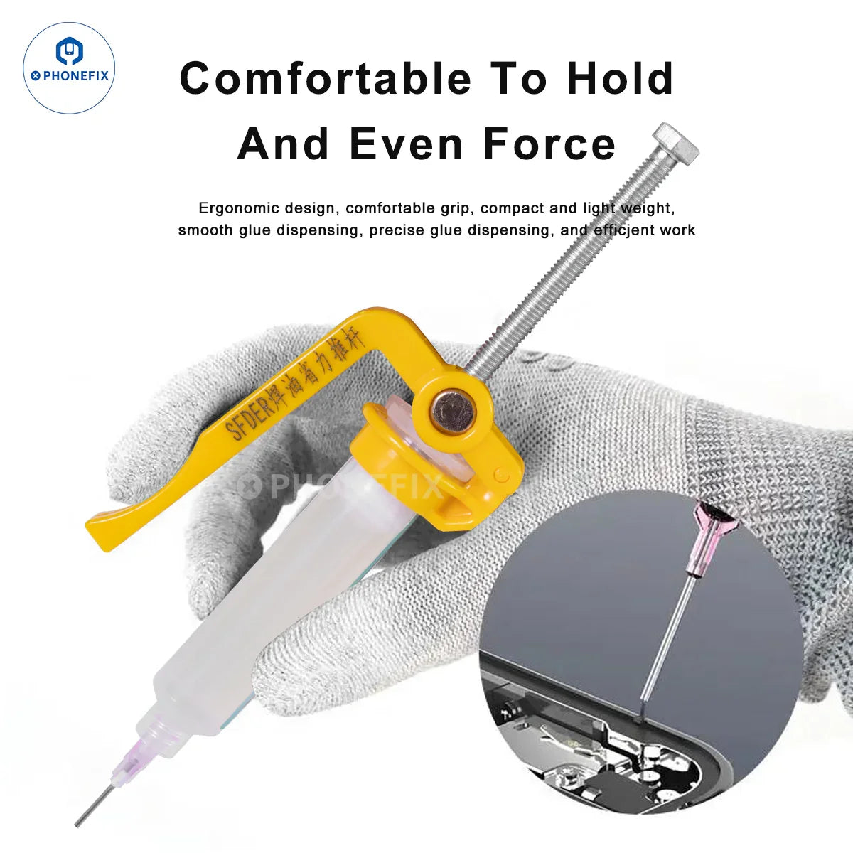 PHONEFIX solder paste flux dispenser and glue extruder tool for welding and repair assist applications.