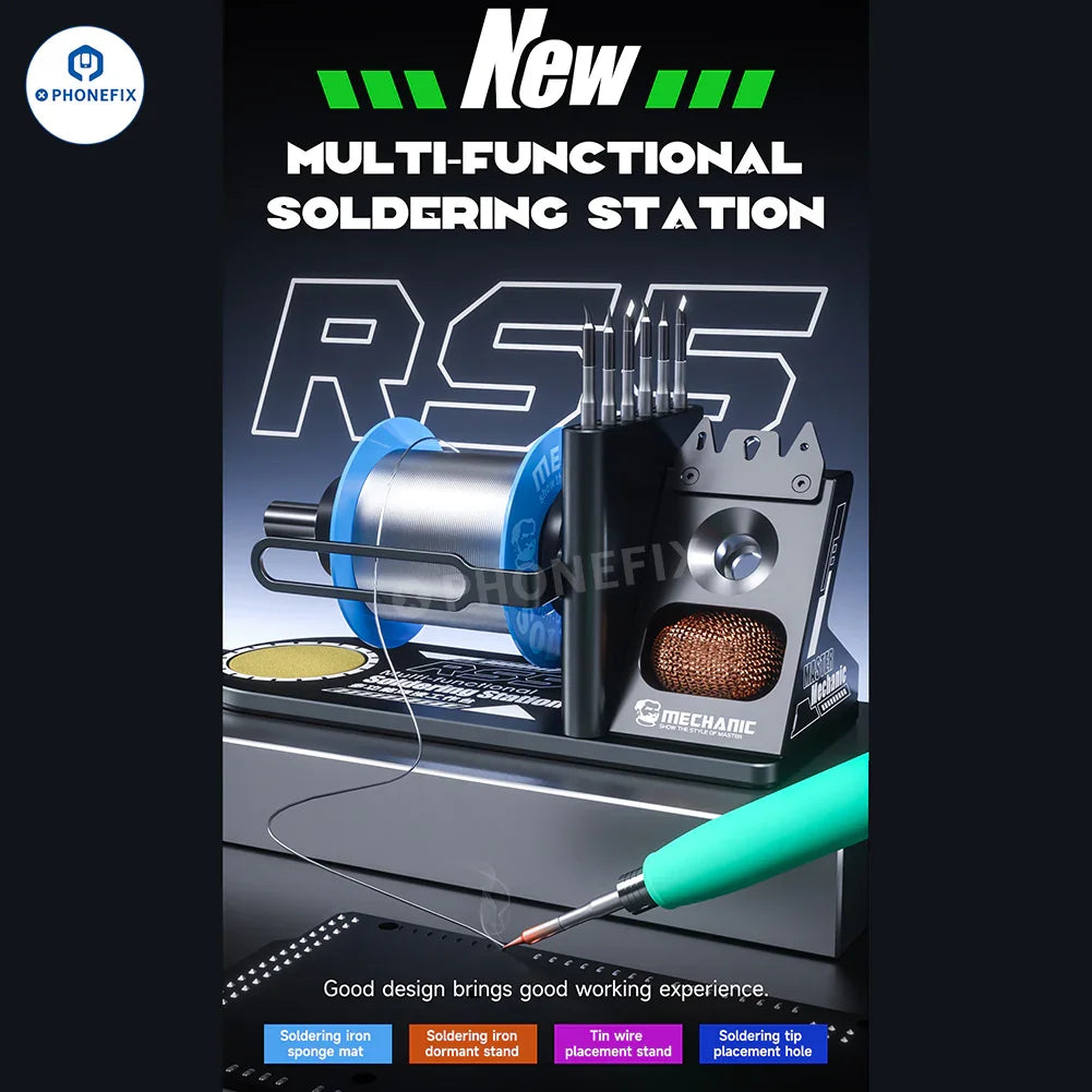 PhoneFix RS5 multi-function welding table and soldering iron stand for repair assist tools, with a sturdy metal surface and adjustable components.
