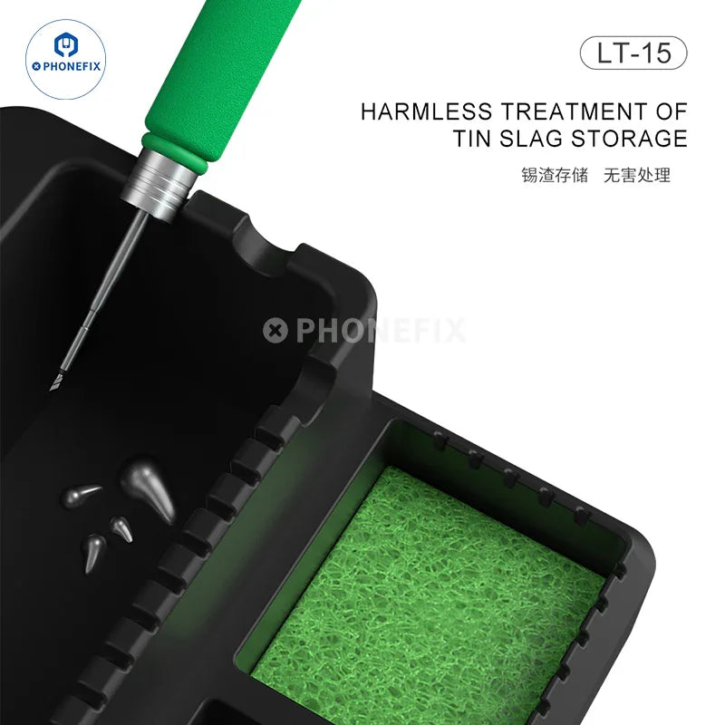 Green MIJING LT-15 soldering iron companion with cleaning storage area, repair assist tool by PHONEFIX for electronics repair.