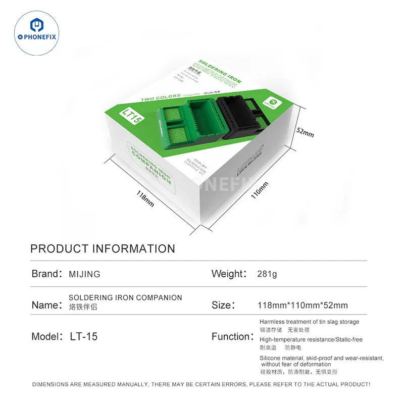 Green MIJING LT-15 soldering iron companion with cleaning storage area, repair assist tool from PHONEFIX for electronic repairs.