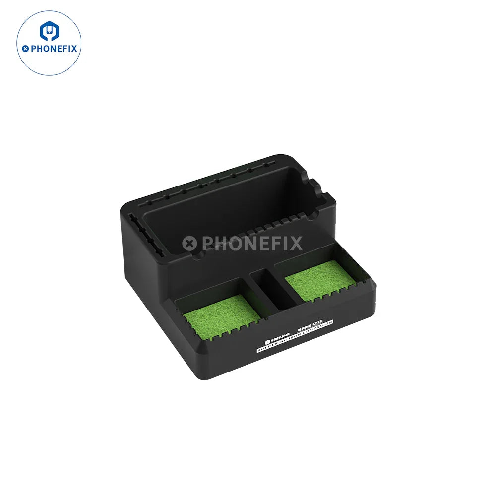 Green MIJING LT-15 soldering iron companion with cleaning storage area, repair assist tools by PHONEFIX, for electronics repair.