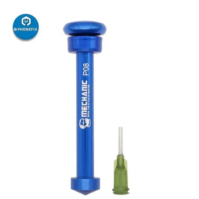 Distributeur de pâte à souder PhoneFix avec piston et aiguille en métal pour des travaux de soudure et de réparation précis en électronique.