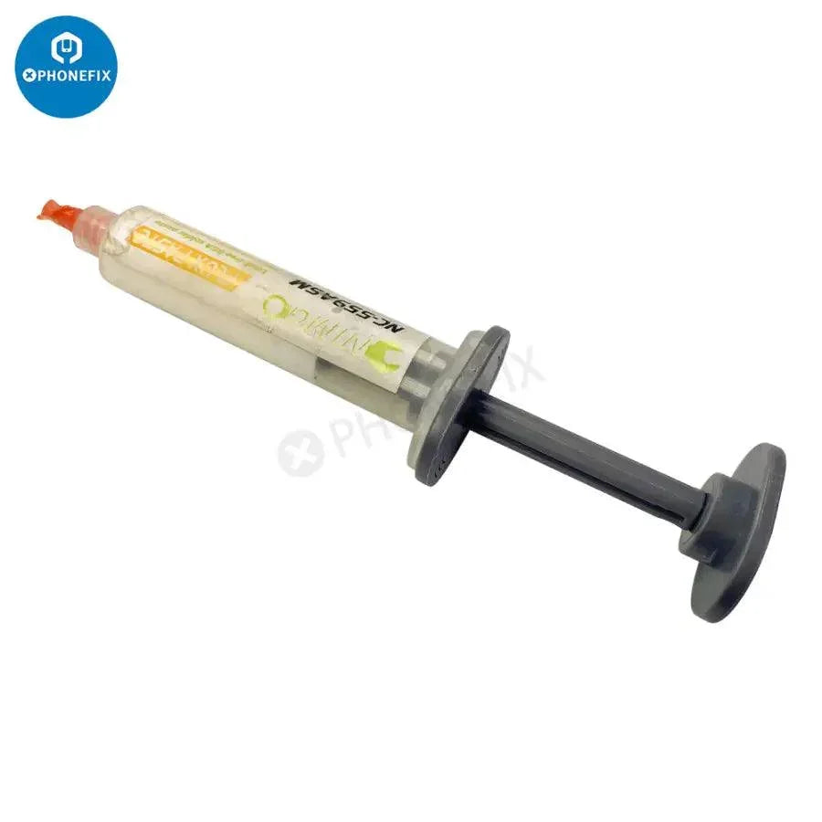 Distributeur de pâte à souder PhoneFix avec piston et aiguille en métal pour une application précise du flux de soudage lors des réparations.