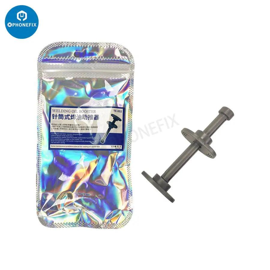 Distributeur de pâte à souder PhoneFix avec seringue et aiguille en métal, utilisé pour le soudage de précision et la réparation électronique.