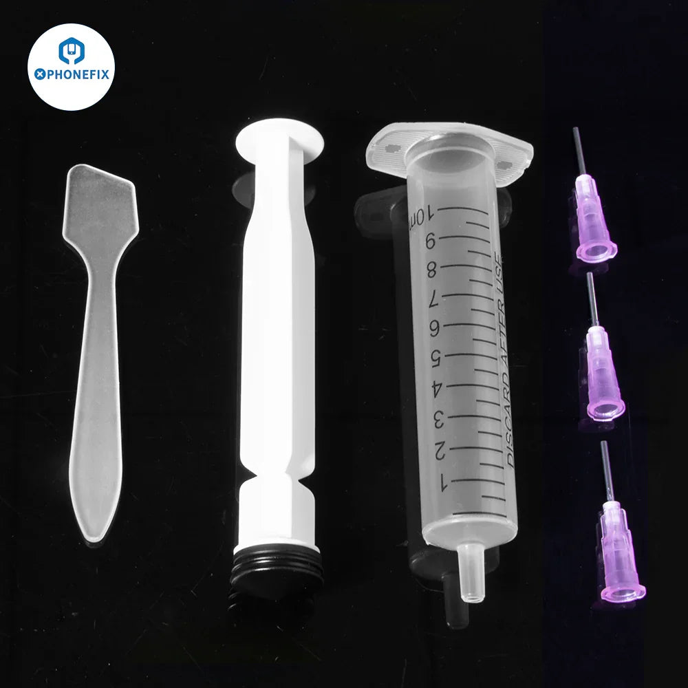 Distributeur de pâte à souder et seringue de flux PhoneFix pour le soudage et la réparation, comprenant un outil d'extrusion de précision pour l'assemblage électronique.