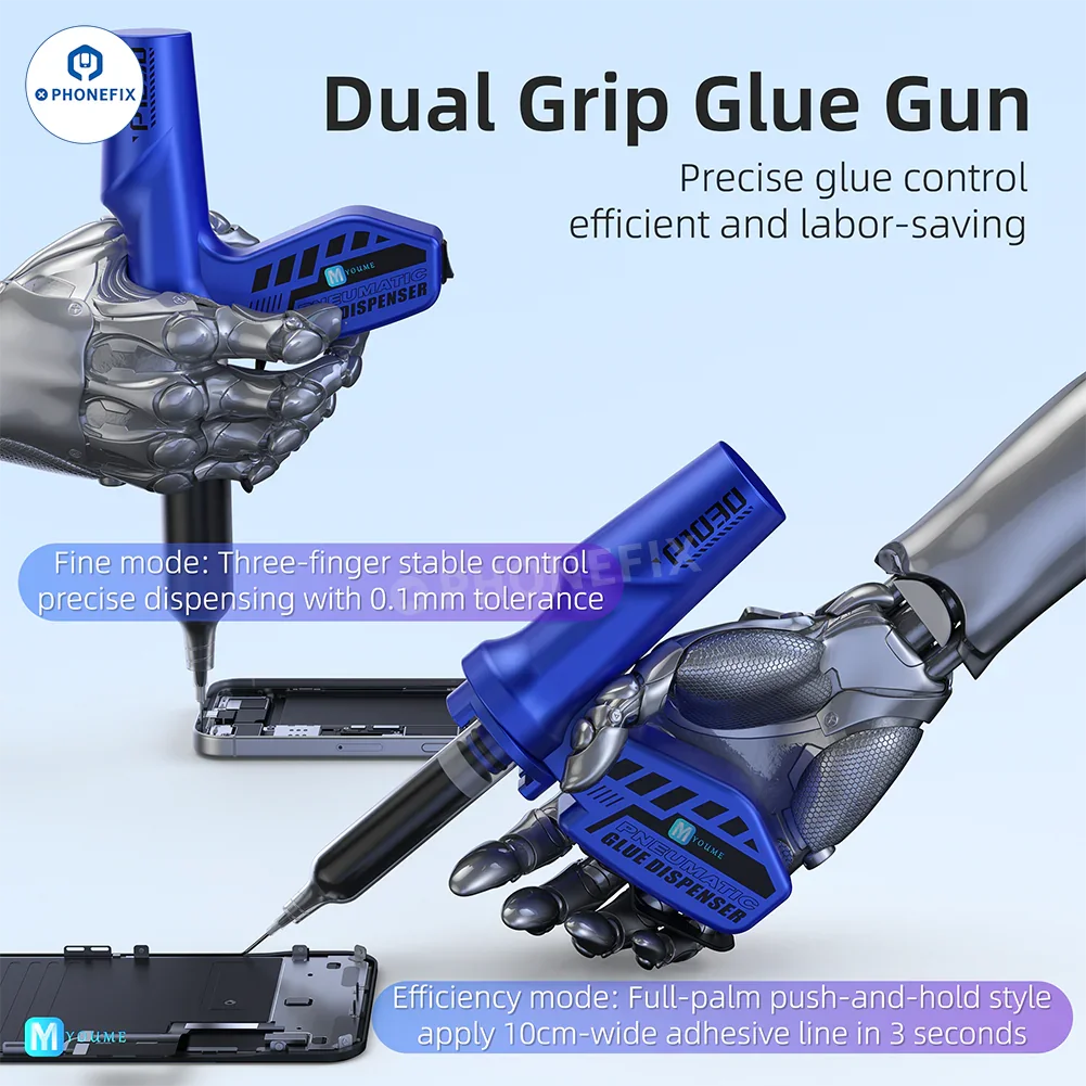 PhoneFix electric pneumatic glue gun with dual grip for phone repair, ideal for precise paste dispensing and repair tasks.