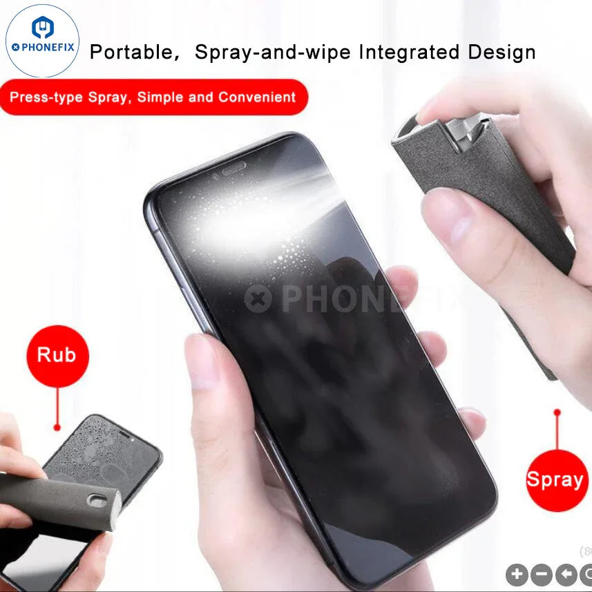 Portable PHONEFIX screen cleaner spray with integrated spray and wipe for effective phone screen cleaning and repair assist.
