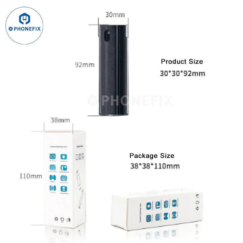 PHONEFIX portable spray and wipe phone screen cleaner spray with integrated cleaning tool for easy screen maintenance.