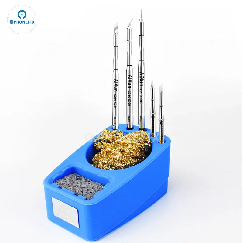 PhoneFix solder dross box holder for cleaning soldering tin and rosin residue, used as a repair assist tool in electronics.