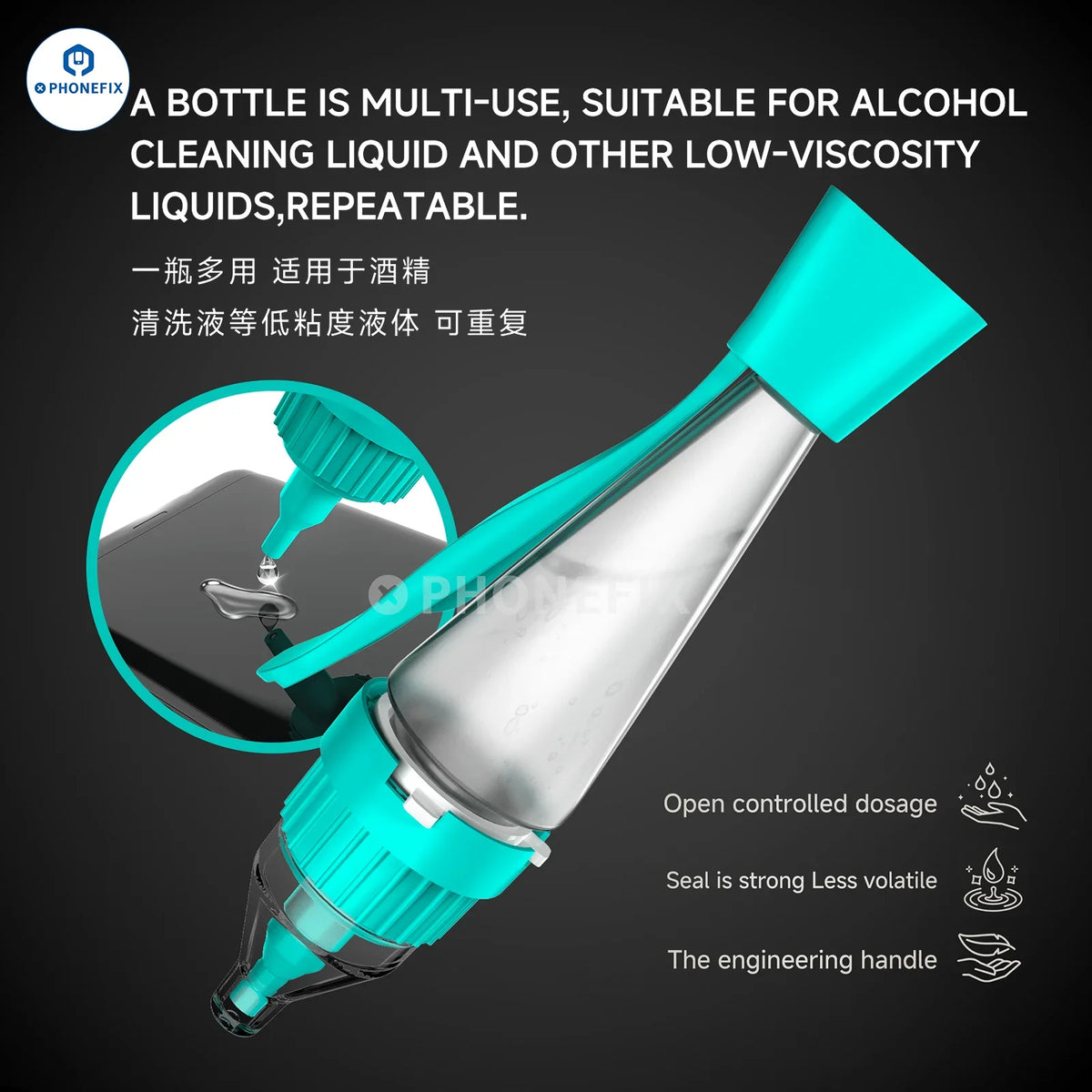 RF-B20 alcohol bottle phone repair press-type liquid dispenser from PHONEFIX, used for precise application during device repairs