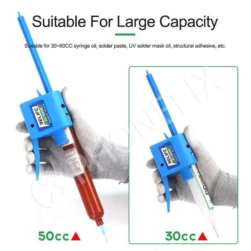 PhoneFix manual glue gun and solder flux dispenser, repair assist tools RL-062A, RL-062B, RL-062C, for precise electronics repair.