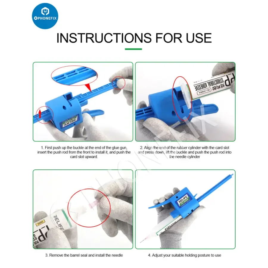 PhoneFix manual glue gun and solder flux dispenser, RL-062A, RL-062B, RL-062C repair assist tools for electronic repairs.