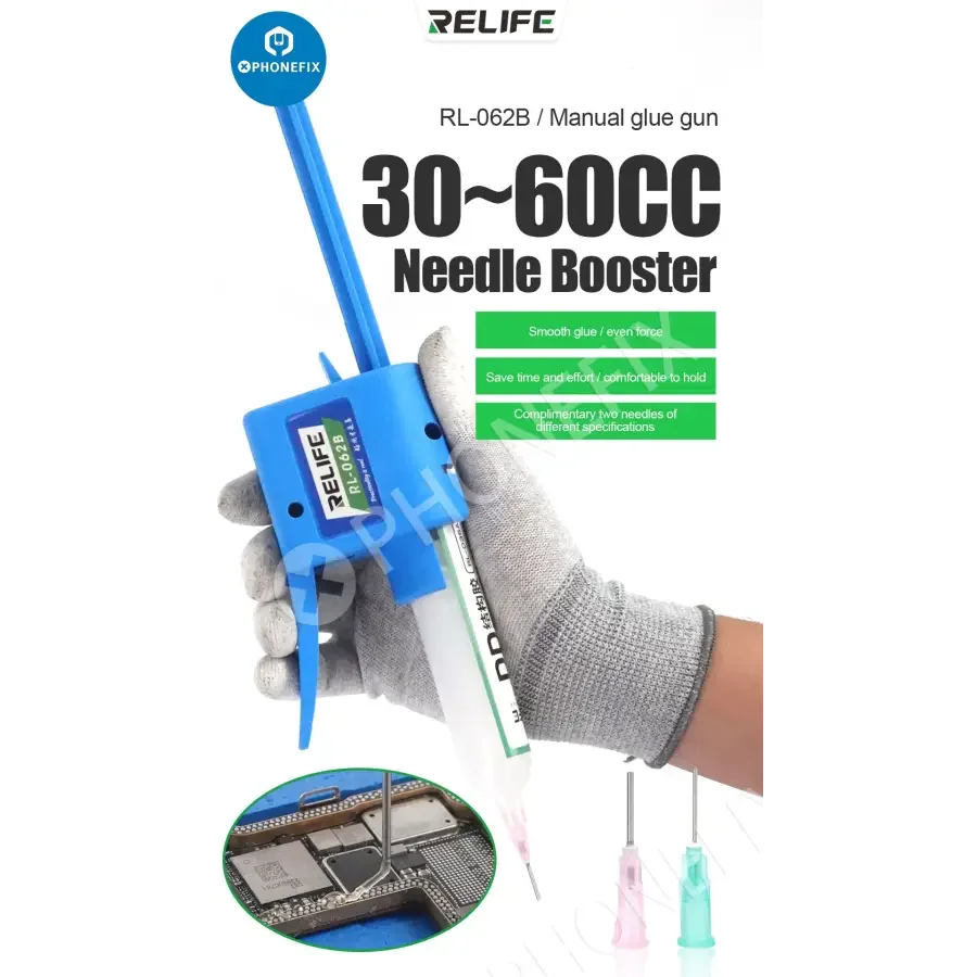 Phonefix RL-062A/B/C manual glue gun and solder flux dispenser for repair assist tools, with ergonomic design and precise flow.